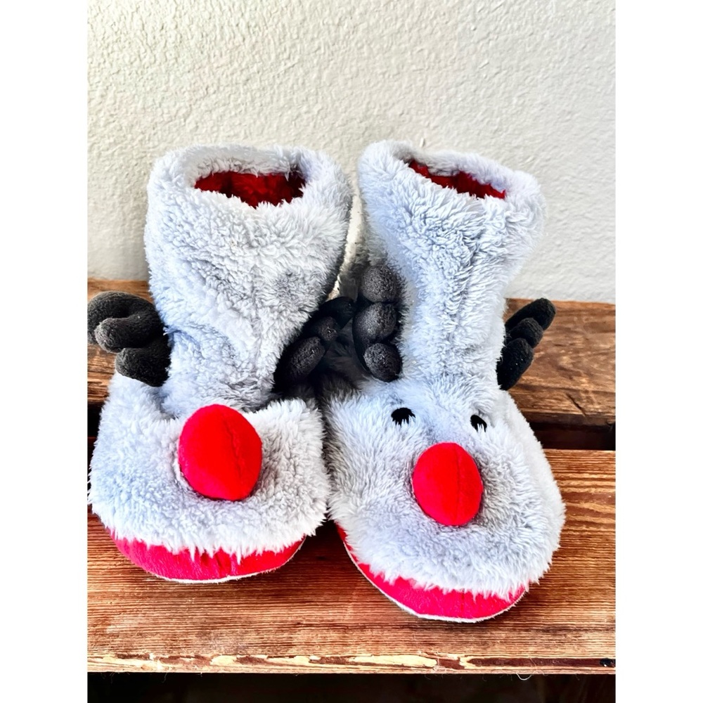 Gray Toddler Reindeer Plush Slippers with Red Nose